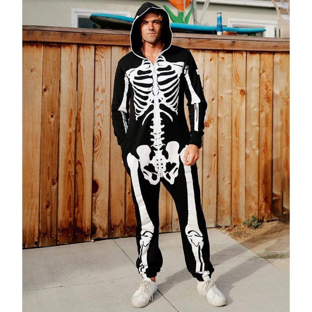 Tipsy Elves‎ Mens  Large Skeleton Costume Jumpsuit Hooded 1 Piece Black